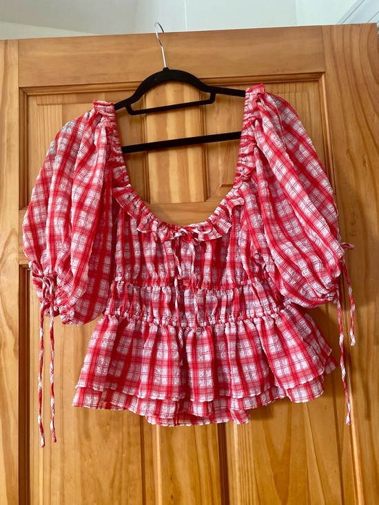 En Saison Tops - En Saison Red Plaid Smocked Milkmaid Top Puff Sleeve Peplum Cottagecore S